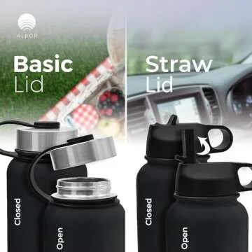 ALBOR 32 oz Insulated Water Bottle With Chug Lid and Straw, Plus Carry Lid for Travel, Leak Proof Stainless Steel Water Bottle for Gym and Travel (Midnight)