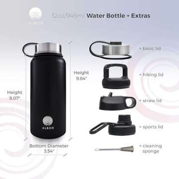 ALBOR 32 oz Insulated Water Bottle With Chug Lid and Straw, Plus Carry Lid for Travel, Leak Proof Stainless Steel Water Bottle for Gym and Travel (Midnight)