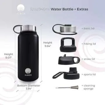 ALBOR 32 oz Insulated Water Bottle With Chug Lid and Straw, Plus Carry Lid for Travel, Leak Proof Stainless Steel Water Bottle for Gym and Travel (Midnight)