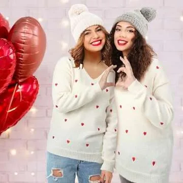 Coume Women Valentine Heart Sweater V Neck Embroidery Knit Long Sleeve Loose Casual Pullover for Girlfriend Wife Gift(M) Apricot