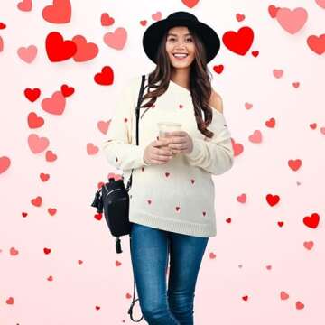 Coume Women Valentine Heart Sweater V Neck Embroidery Knit Long Sleeve Loose Casual Pullover for Girlfriend Wife Gift(M) Apricot