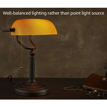TORCHSTAR Retro Banker's Lamp, Yellow Glass Desk Light, Antique Brass Finish, E26 Base Bulb Compatible, 350 Degrees Rotatable, Pull Cord Switch Included for Living Room, Nightstand Table, Bedroom