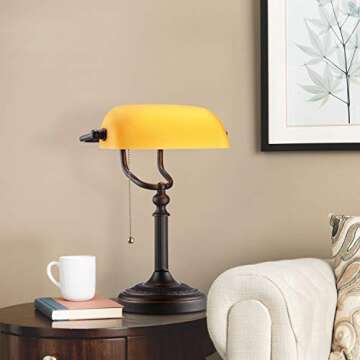 TORCHSTAR Retro Banker's Lamp, Yellow Glass Desk Light, Antique Brass Finish, E26 Base Bulb Compatible, 350 Degrees Rotatable, Pull Cord Switch Included for Living Room, Nightstand Table, Bedroom