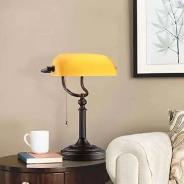 TORCHSTAR Retro Banker's Lamp, Yellow Glass Desk Light, Antique Brass Finish, E26 Base Bulb Compatible, 350 Degrees Rotatable, Pull Cord Switch Included for Living Room, Nightstand Table, Bedroom