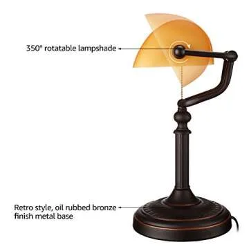 TORCHSTAR Retro Banker's Lamp, Yellow Glass Desk Light, Antique Brass Finish, E26 Base Bulb Compatible, 350 Degrees Rotatable, Pull Cord Switch Included for Living Room, Nightstand Table, Bedroom