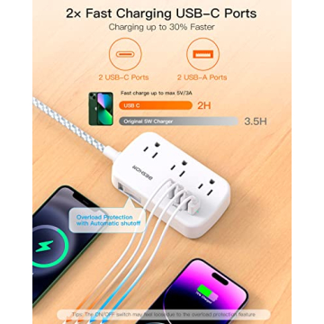 15FT Flat Extension Cord with USB C and 6 Outlets