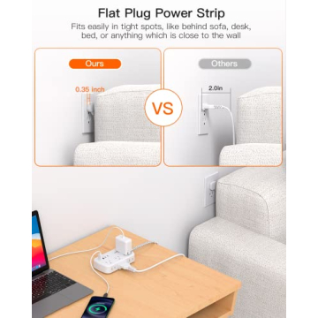 15FT Flat Extension Cord with USB C and 6 Outlets