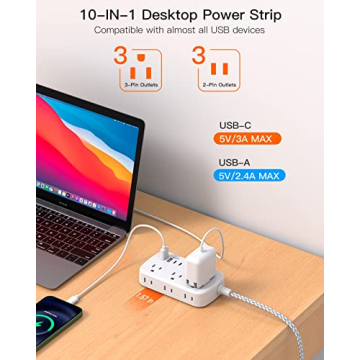 15FT Flat Extension Cord with USB C and 6 Outlets