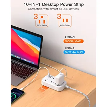 15FT Flat Extension Cord with USB C and 6 Outlets
