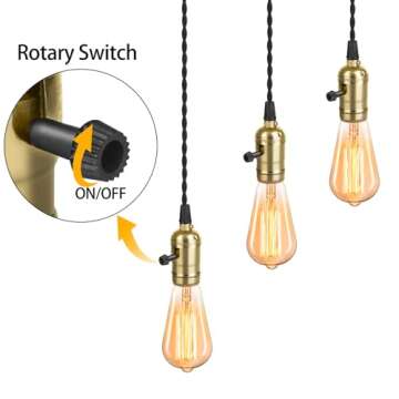 Vintage Plug in Pendant Light Sockets, Triple Hanging Lights with Plug in Cord Kit, 15.9 ft E26/E27 Solid Industrial Light Fixture Cord Lamp Holder with Individual Switches for Home Decor, Gold