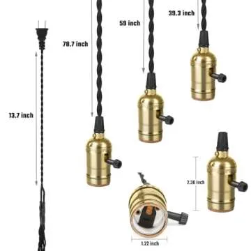 Vintage Plug in Pendant Light Sockets, Triple Hanging Lights with Plug in Cord Kit, 15.9 ft E26/E27 Solid Industrial Light Fixture Cord Lamp Holder with Individual Switches for Home Decor, Gold