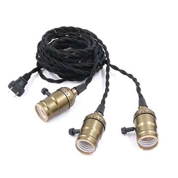 Vintage Plug in Pendant Light Sockets, Triple Hanging Lights with Plug in Cord Kit, 15.9 ft E26/E27 Solid Industrial Light Fixture Cord Lamp Holder with Individual Switches for Home Decor, Gold