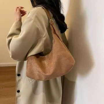 Slouchy Tote Bag Women Faux Suede Crescent Shoulder Bag Hobo Crossbody Purse Travel Work Bag College Tote Handbag