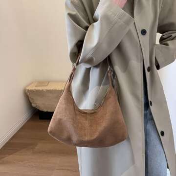 Slouchy Tote Bag Women Faux Suede Crescent Shoulder Bag Hobo Crossbody Purse Travel Work Bag College Tote Handbag