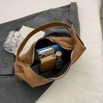 Slouchy Tote Bag Women Faux Suede Crescent Shoulder Bag Hobo Crossbody Purse Travel Work Bag College Tote Handbag