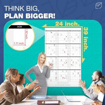 Wall Calendar Dry Erase, 24" x 39" - Undated, Yearly, Reusable - 2025 Year Calendar for Home, Classroom & Office, Includes Markers, Eraser & Accessories