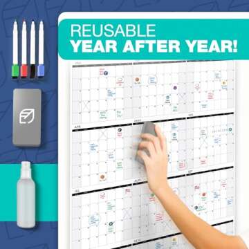 Wall Calendar Dry Erase, 24" x 39" - Undated, Yearly, Reusable - 2025 Year Calendar for Home, Classroom & Office, Includes Markers, Eraser & Accessories