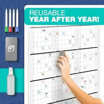 Wall Calendar Dry Erase, 24" x 39" - Undated, Yearly, Reusable - 2025 Year Calendar for Home, Classroom & Office, Includes Markers, Eraser & Accessories