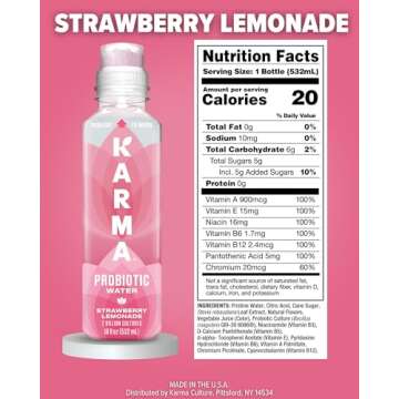 Karma Probiotic Water - 12 Pack, Strawberry Lemonade Drink - Immune & Gut Health Support