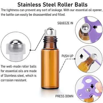 Easytle Essential Oil Roller Bottles, 24 Pack Amber Glass Roller Bottles 5ml, Roller Balls for Essential Oils, Roll on Bottles (96 Pieces Labels, 4 Funnels, 4 Dropper, 2 Opener)