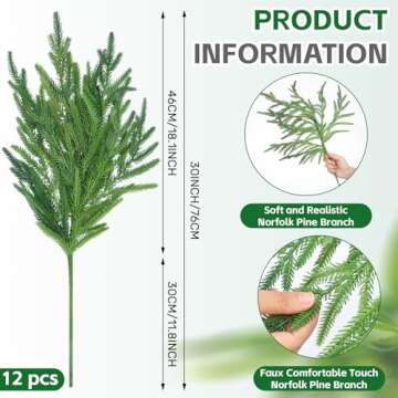 Jutom 12 Pcs Christmas Norfolk Pine Branches, Artificial Norfolk Branch Faux Stem Greenery Pine Pick...