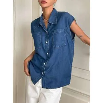 Verdusa Women's Pocket Front Cap Sleeve Button Up Denim Blouse Shirt Top