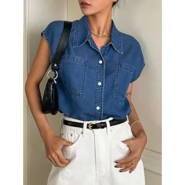 Verdusa Women's Pocket Front Cap Sleeve Button Up Denim Blouse Shirt Top