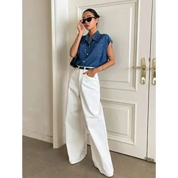 Verdusa Women's Pocket Front Cap Sleeve Button Up Denim Blouse Shirt Top