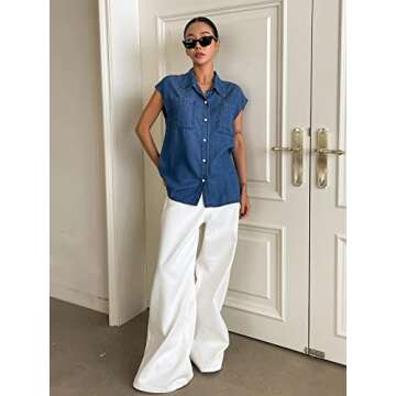 Verdusa Women's Pocket Front Cap Sleeve Button Up Denim Blouse Shirt Top