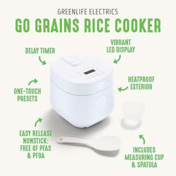 GreenLife 4-Cup Digital Rice Cooker, PFAS & PFOA-Free Removable Ceramic Dishwasher Safe Pot, Healthy Cooking Oats Grains & More, Auto Presets, Touch-screen, Delay & Keep Warm, Paddle Included, White