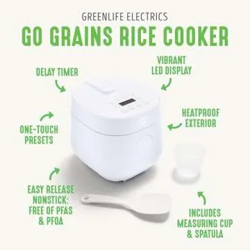 GreenLife 4-Cup Digital Rice Cooker, PFAS & PFOA-Free Removable Ceramic Dishwasher Safe Pot, Healthy Cooking Oats Grains & More, Auto Presets, Touch-screen, Delay & Keep Warm, Paddle Included, White
