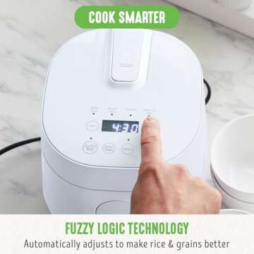 GreenLife 4-Cup Digital Rice Cooker, PFAS & PFOA-Free Removable Ceramic Dishwasher Safe Pot, Healthy Cooking Oats Grains & More, Auto Presets, Touch-screen, Delay & Keep Warm, Paddle Included, White