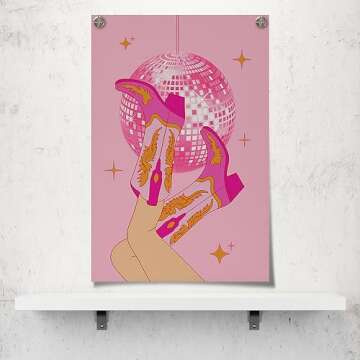 Osdfem Vintage Disco Ball Poster Pink Cowgirl Boots Preppy Wall Art Funky Cowboy Boots Art Pink Room...
