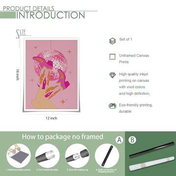 Osdfem Vintage Disco Ball Poster Pink Cowgirl Boots Preppy Wall Art Funky Cowboy Boots Art Pink Room Aesthetics Girly Wall Decor Girls Room Bedroom Living Room Bar Cart 12x16 Unframed