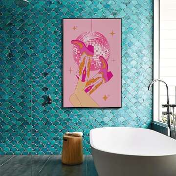 Osdfem Vintage Disco Ball Poster Pink Cowgirl Boots Preppy Wall Art Funky Cowboy Boots Art Pink Room Aesthetics Girly Wall Decor Girls Room Bedroom Living Room Bar Cart 12x16 Unframed