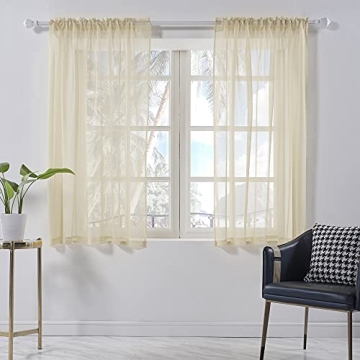 Beige Sheer Curtains 45 Inches Long for Kitchen Rod Pocket Semi Sheer Curtains Drapes for Bedroom Li...