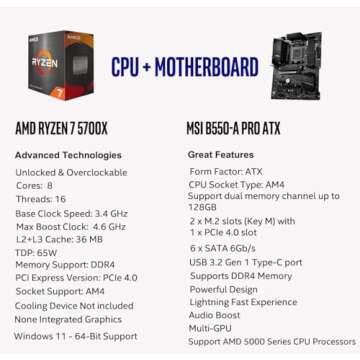 INLAND AMD Ryzen 7 5700X 8-Core 16-Thread Unlocked Desktop Processor with MSI B550-A PRO ProSeries M...