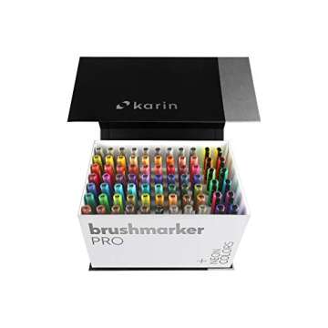 Karin Brushmarker Pro 75pc Mega Box Plus brush tip markers Set, Blendable, Water-Based, Professional Grade Brush Markers for Adults and Artists, 72 Colors and 3 Blenders in Exclusive Storage Case