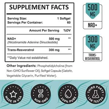 Rhamoph Liposomal NAD+ 800 mg with Trans-Resveratrol 300 mg, Max Absorption, Actual NAD+ Boosting Su...