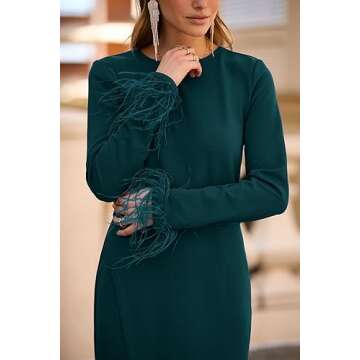 PRETTYGARDEN Women's 2024 Fall Long Sleeve Dress Formal Midi Bodycon Wrap Slit Feather Elegant Wedding Guest Cocktail Dresses (Dark Green,Small)