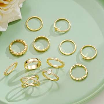 FAXHION 12 PCS Dainty 14K Gold Rings for Women, Eternity Open Chunky Twist Simulated Diamond Criss Cross Designs, Non Tarnish Gold Plated Stacking Thumb Ring, Perfect for Wedding Bands Size 5-11 (7)