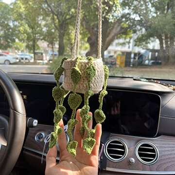 Boho Car Plant Crochet Hanging Basket, Hanging Plant for Car Décor and Accessories, Car Ornament Rear View Mirror Accessories (Style 2- Long)