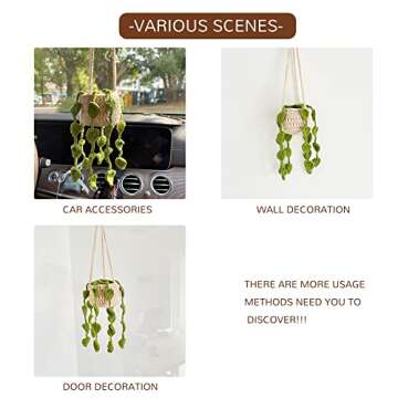 Boho Car Plant Crochet Hanging Basket, Hanging Plant for Car Décor and Accessories, Car Ornament Rear View Mirror Accessories (Style 2- Long)