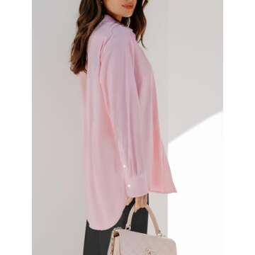 siliteelon Womens Button Down Shirts Dress Shirts Long Sleeve Blouses Wrinkle Free Solid Tunics Tops with Pockets - Pink L