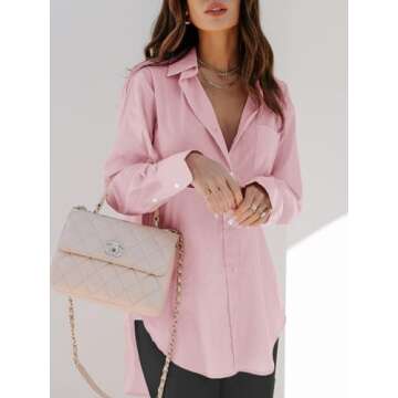 siliteelon Womens Button Down Shirts Dress Shirts Long Sleeve Blouses Wrinkle Free Solid Tunics Tops with Pockets - Pink L