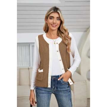 Womens Sleeveless Sweater Vest Knit Crewneck Button Fashion Casual Loose Summer Waistcoat Cardigan O...
