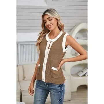 Womens Sleeveless Sweater Vest Knit Crewneck Button Fashion Casual Loose Summer Waistcoat Cardigan Olive Palm L