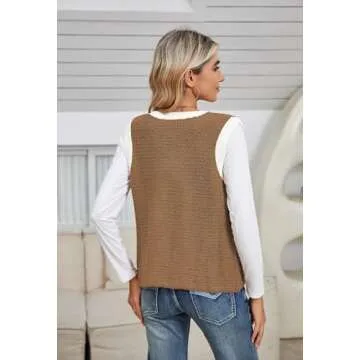 Womens Sleeveless Sweater Vest Knit Crewneck Button Fashion Casual Loose Summer Waistcoat Cardigan Olive Palm L