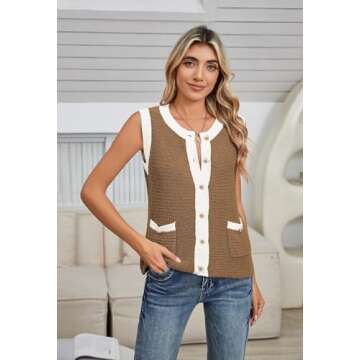 Womens Sleeveless Sweater Vest Knit Crewneck Button Fashion Casual Loose Summer Waistcoat Cardigan Olive Palm L