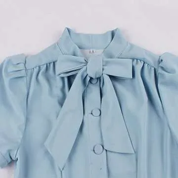 Vintage Women 1940s Bow Tie Neck Dress Retro 40s 50s Button Up Business Work A-line Cocktail Dresses Light Blue M